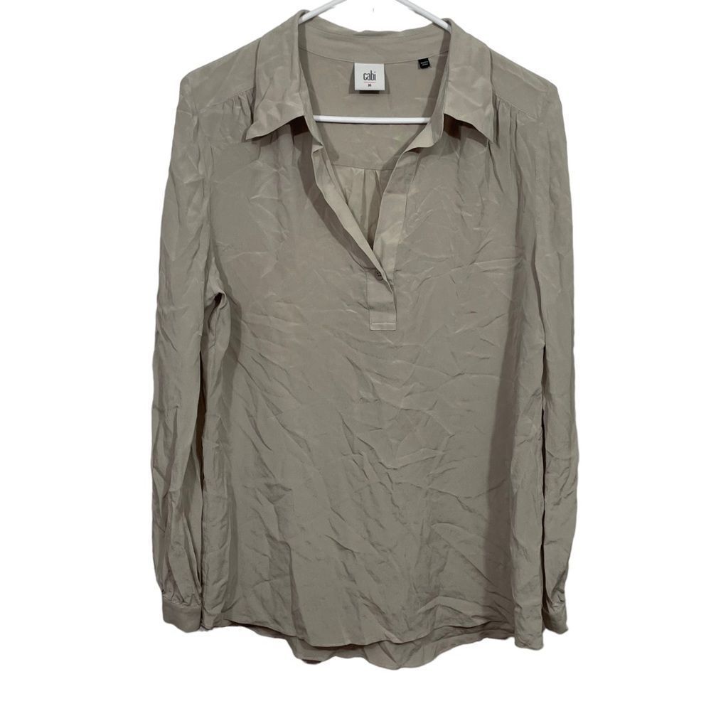 Cabi Silver Long Sleeve Silk Split Neck Blouse